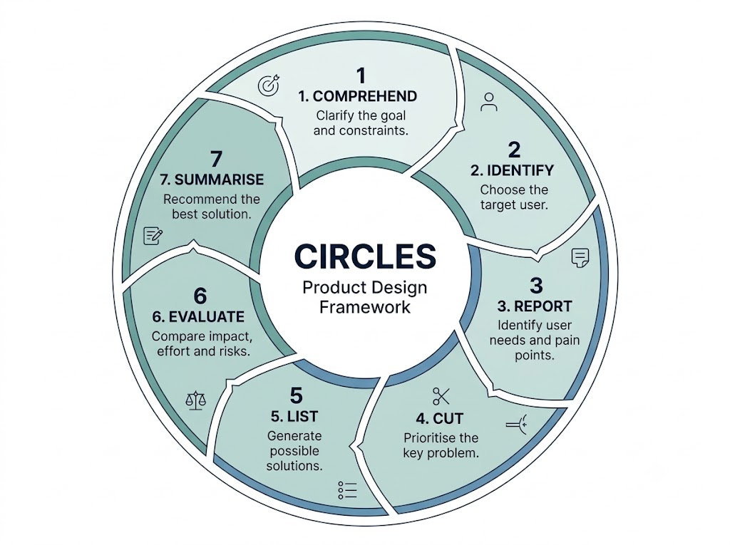 CIRCLES framework for product design questions: Comprehend, Identify, Report, Cut, List, Evaluate, Summarise