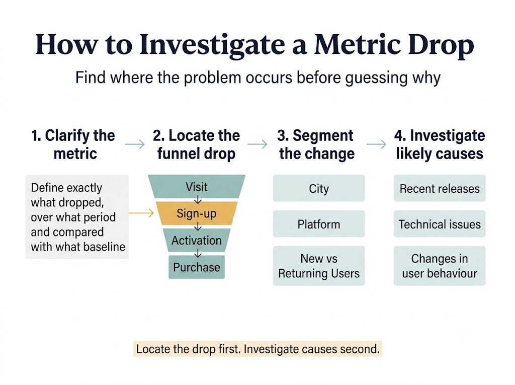 How to investigate a metric drop: clarify the metric, locate the funnel drop, segment the change, investigate likely causes