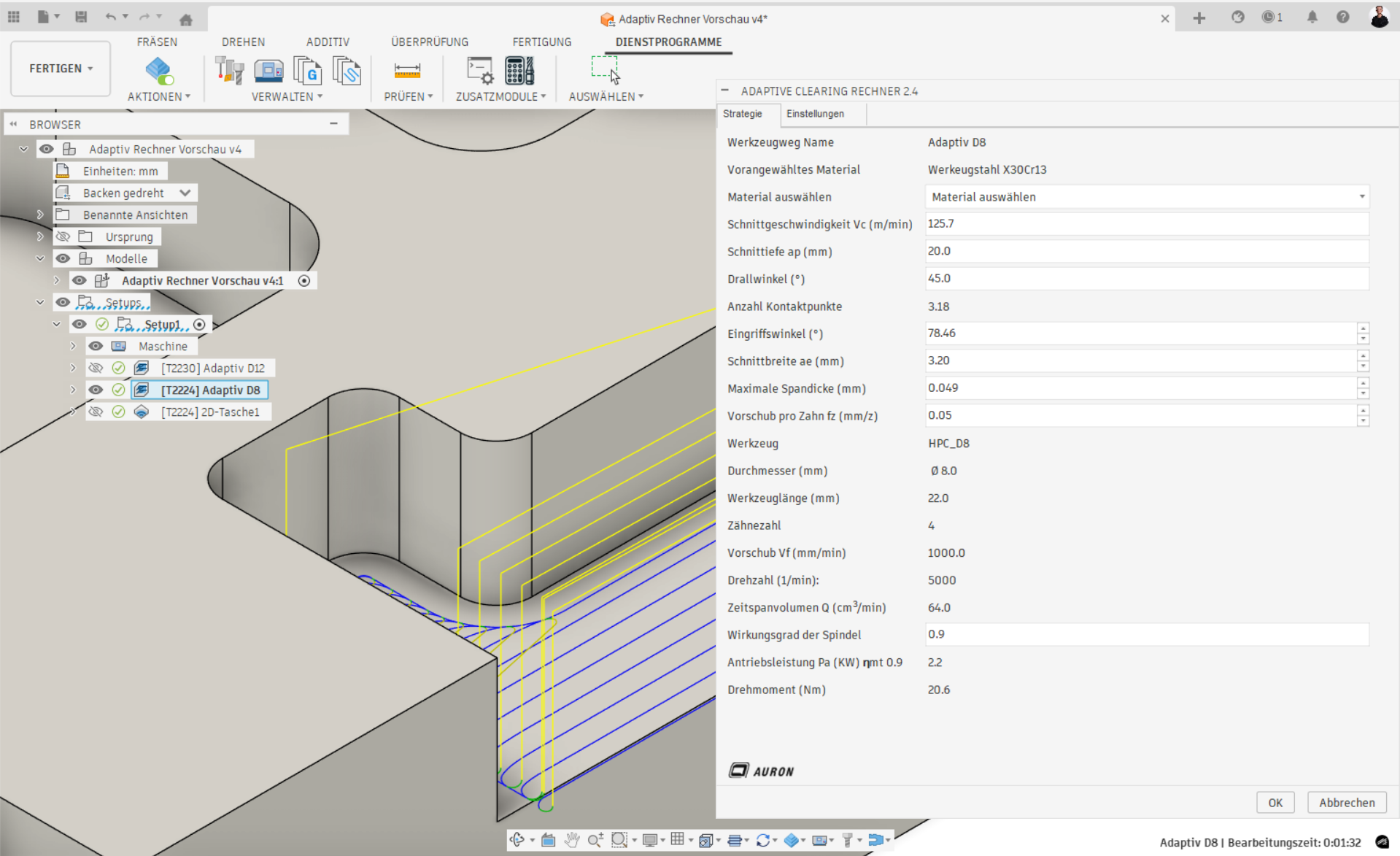 Schnittdaten berechnen mit dem AURON Adaptive-Clearing-Rechner für Autodesk Fusion