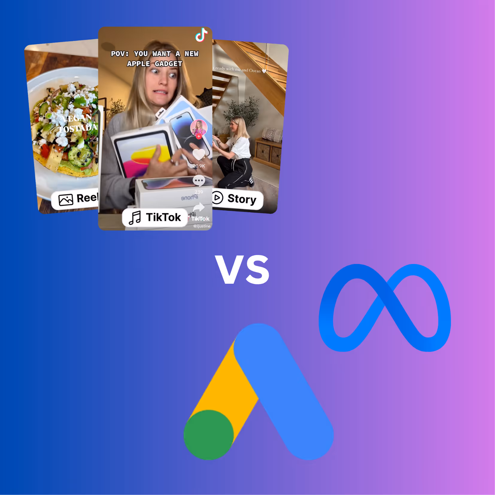 Collage showing TikTok reels and stories on the left with 'vs' in the center, and Meta and Google Ads logos on the right against a blue to purple gradient background.