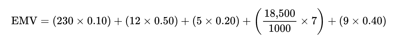 Mathematical formula for EMV showing sum of products: (230×0.10) + (12×0.50) + (5×0.20) + (18,500/1000 × 7) + (9×0.40).