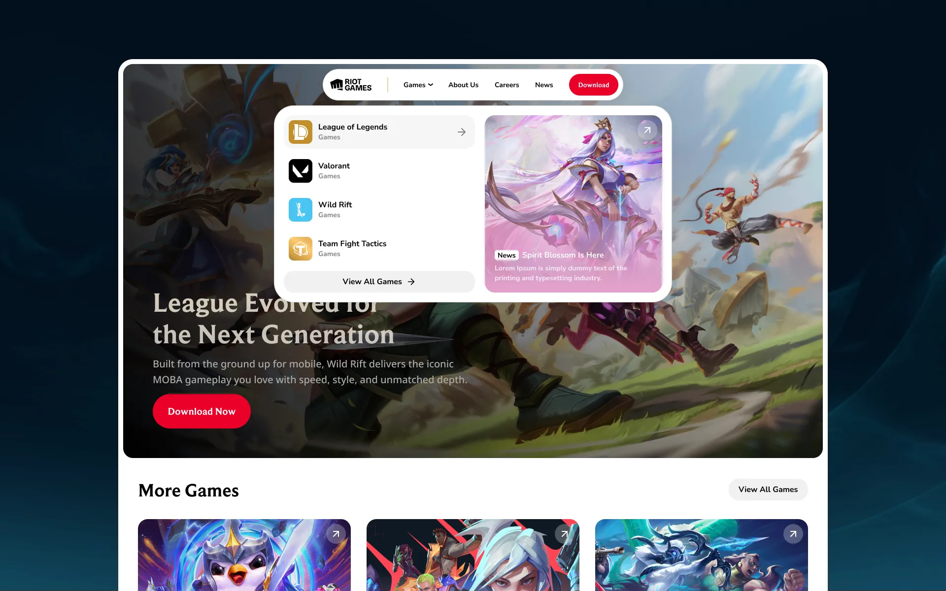 Riot Games website interface showing game options including League of Legends, Valorant, Wild Rift, and Team Fight Tactics with a download button and game artwork.