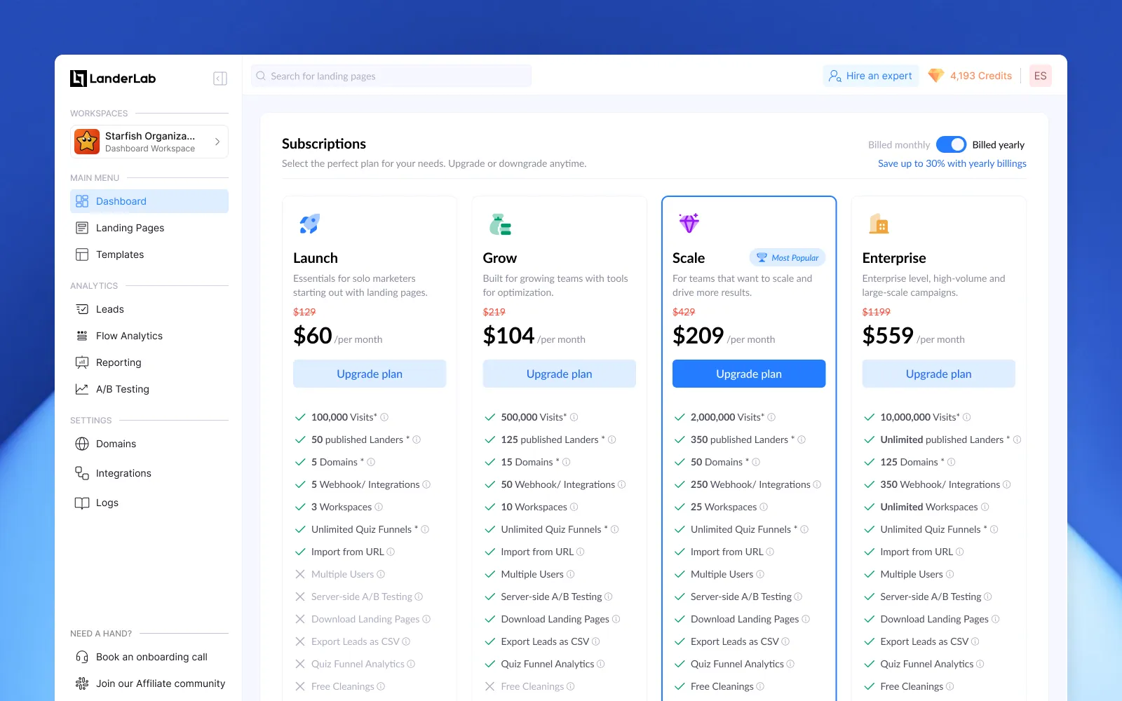 LanderLab subscription plans dashboard showing four plans—Launch, Grow, Scale (most popular), and Enterprise—with monthly prices, features, and upgrade buttons.