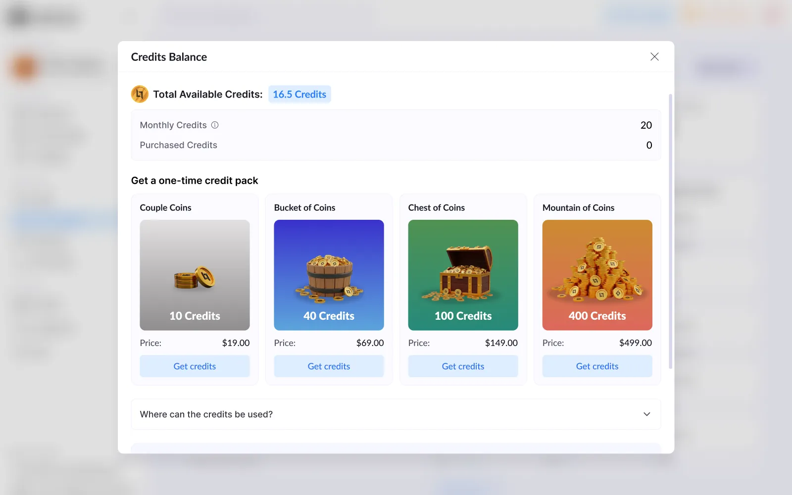 Screen showing credit balance with a total of 16.5 available credits and options to buy one-time credit packs: Couple Coins (10 credits for $19), Bucket of Coins (40 credits for $69), Chest of Coins (100 credits for $149), and Mountain of Coins (400 credits for $499).