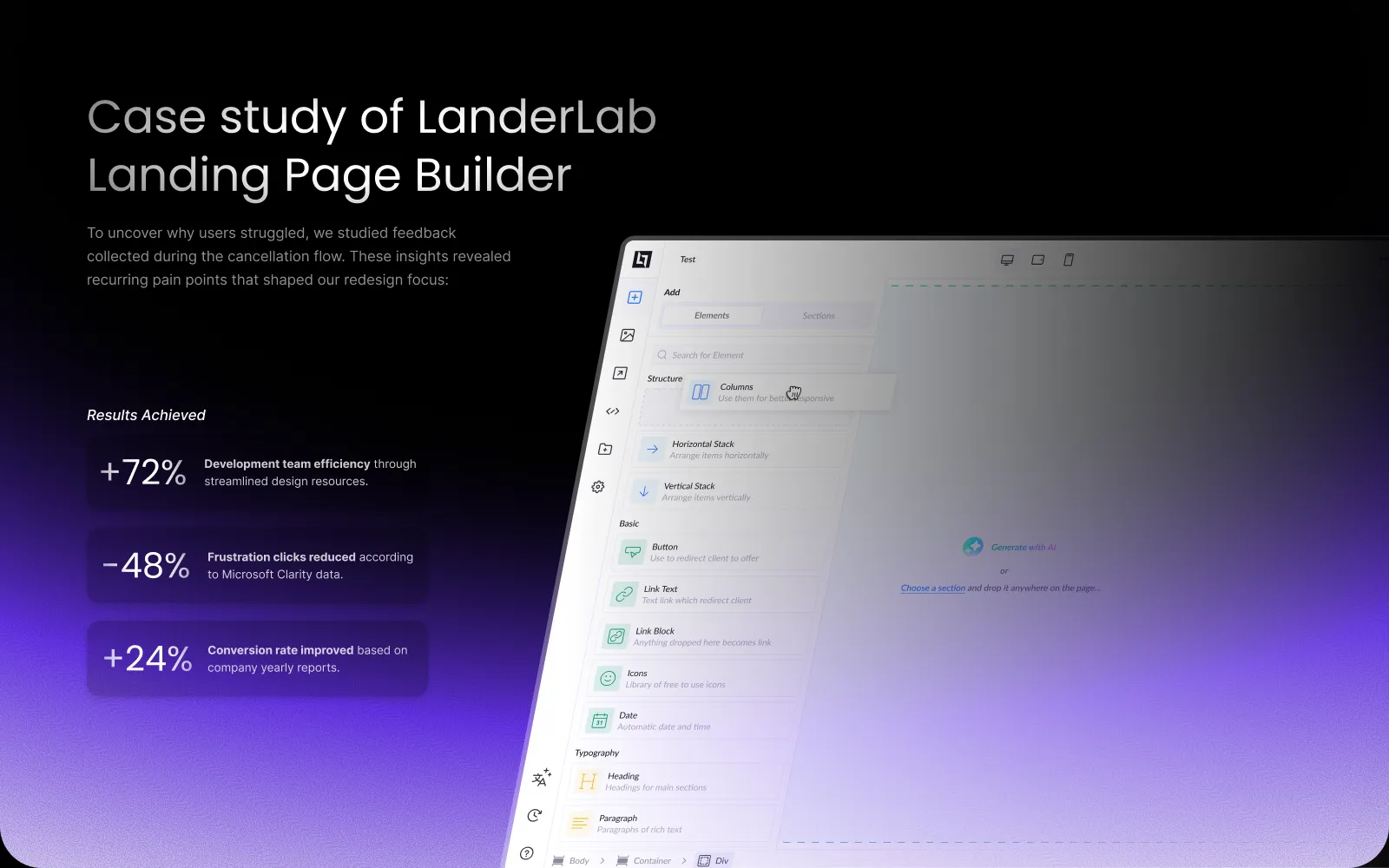 Case study of LanderLab Landing Page Builder showing improved results: 72% increase in development team efficiency, 48% reduction in frustration clicks, 24% conversion rate improvement, alongside a screenshot of the page builder interface.