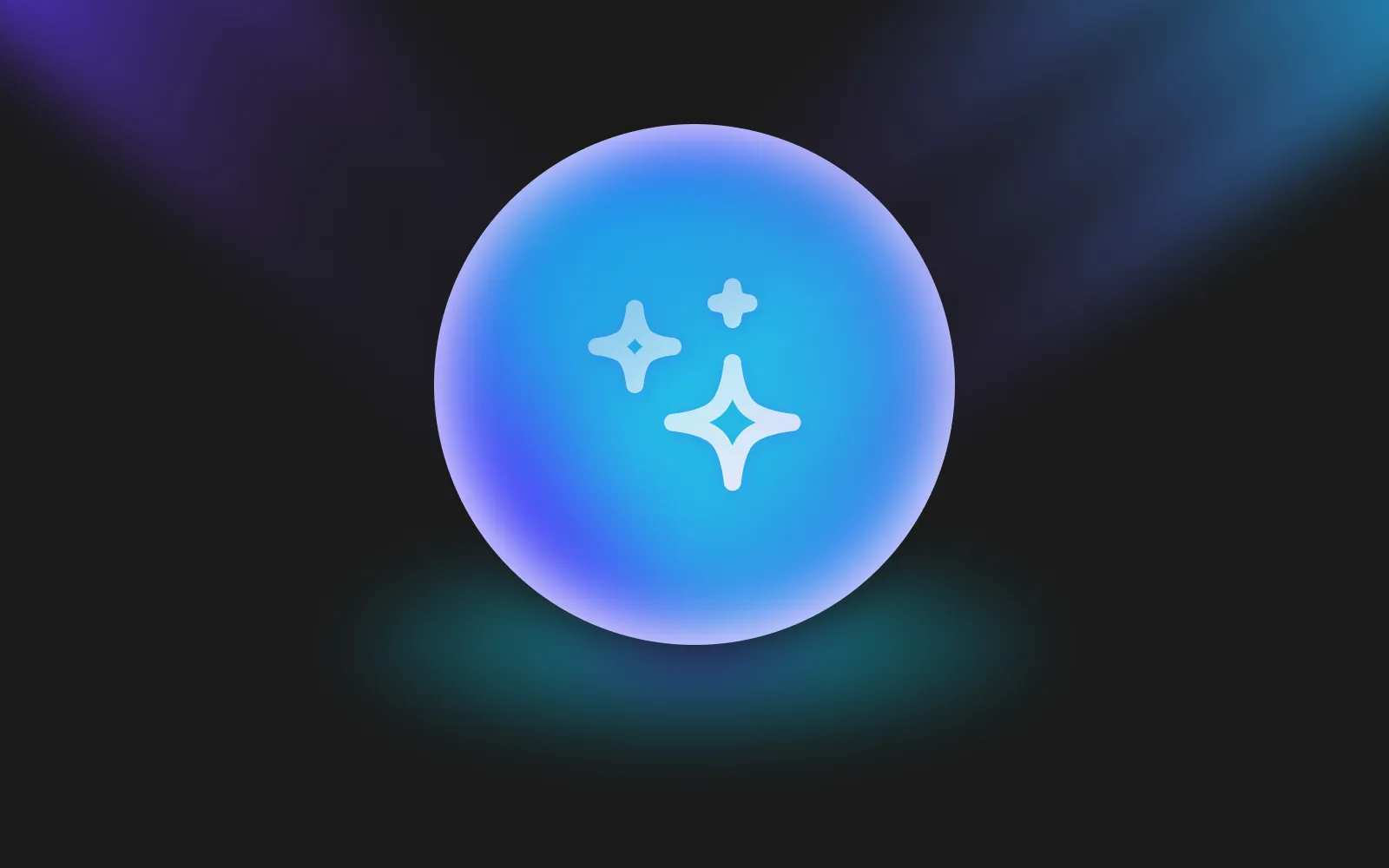 Blue glowing orb with three white sparkle icons inside on a dark gradient background.