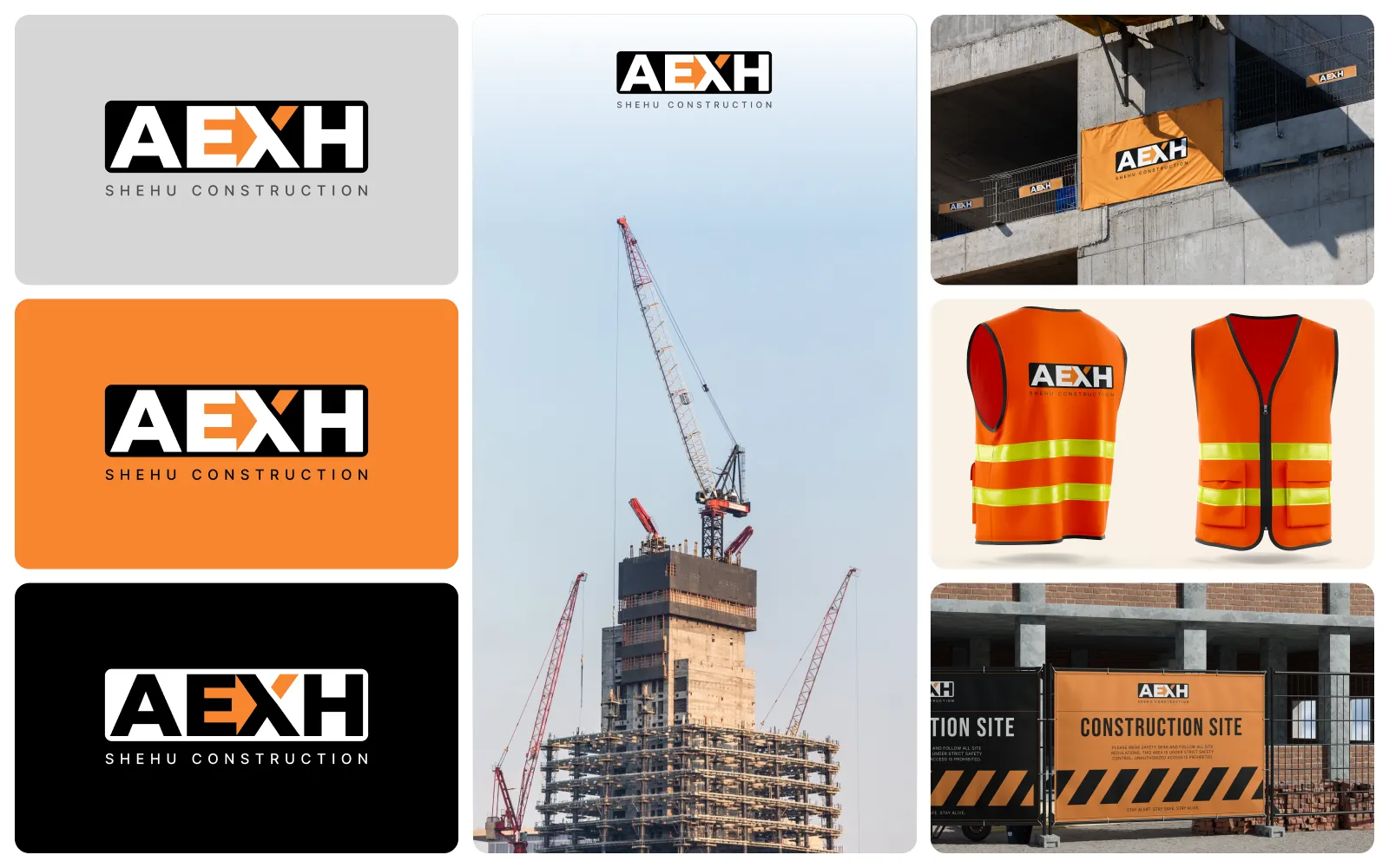 Collage featuring AEXH Shehu Construction logos on different backgrounds, a high-rise building under construction with cranes, construction site fencing with warning signs, and safety vests branded with the AEXH logo.