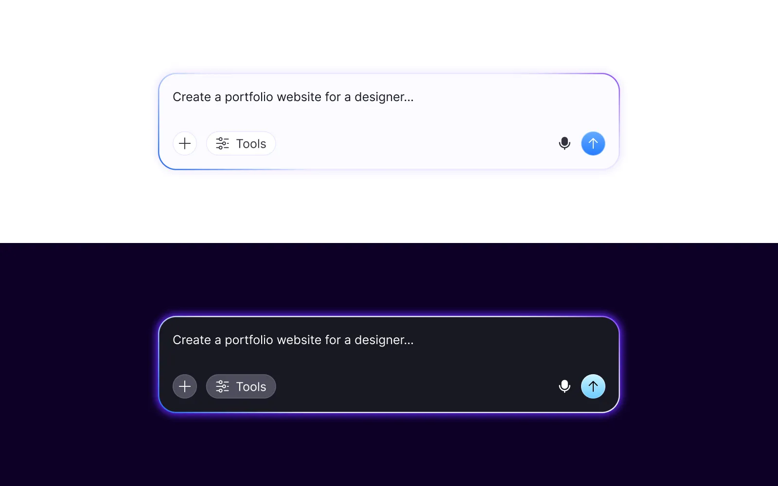 User interface showing two chat input boxes with the text 'Create a portfolio website for a designer...', one on a light background and one on a dark background, each with plus, tools, microphone, and send arrow icons.