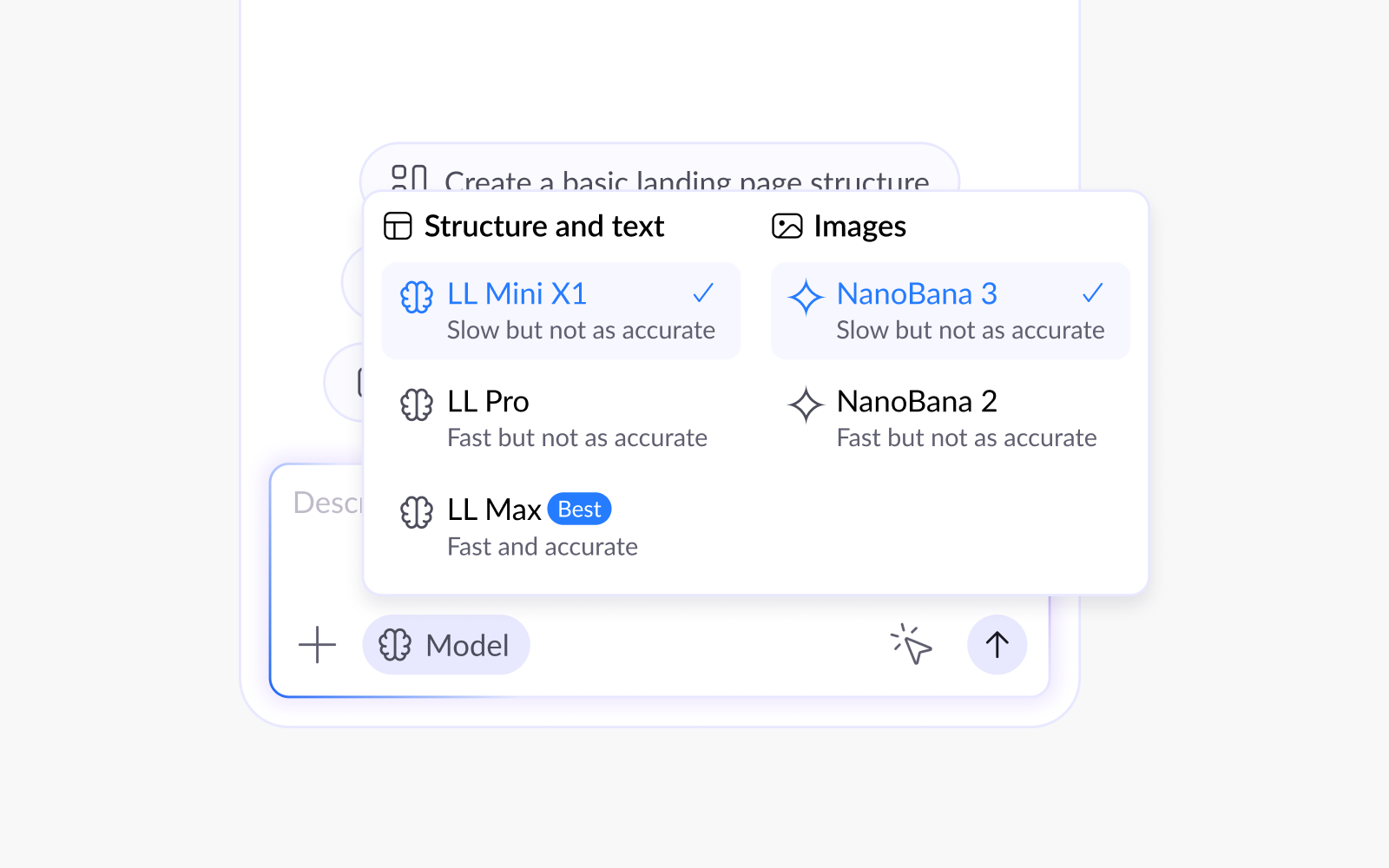 User interface showing two chat input boxes with the text 'Create a portfolio website for a designer...', one on a light background and one on a dark background, each with plus, tools, microphone, and send arrow icons.