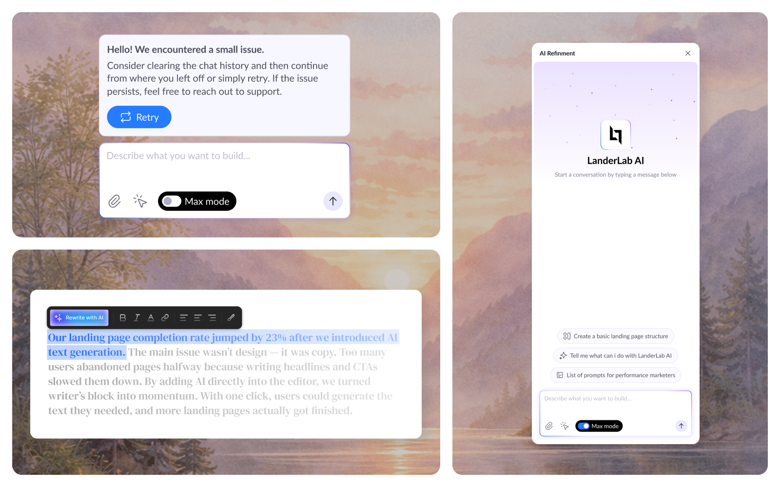 User interface showing two chat input boxes with the text 'Create a portfolio website for a designer...', one on a light background and one on a dark background, each with plus, tools, microphone, and send arrow icons.