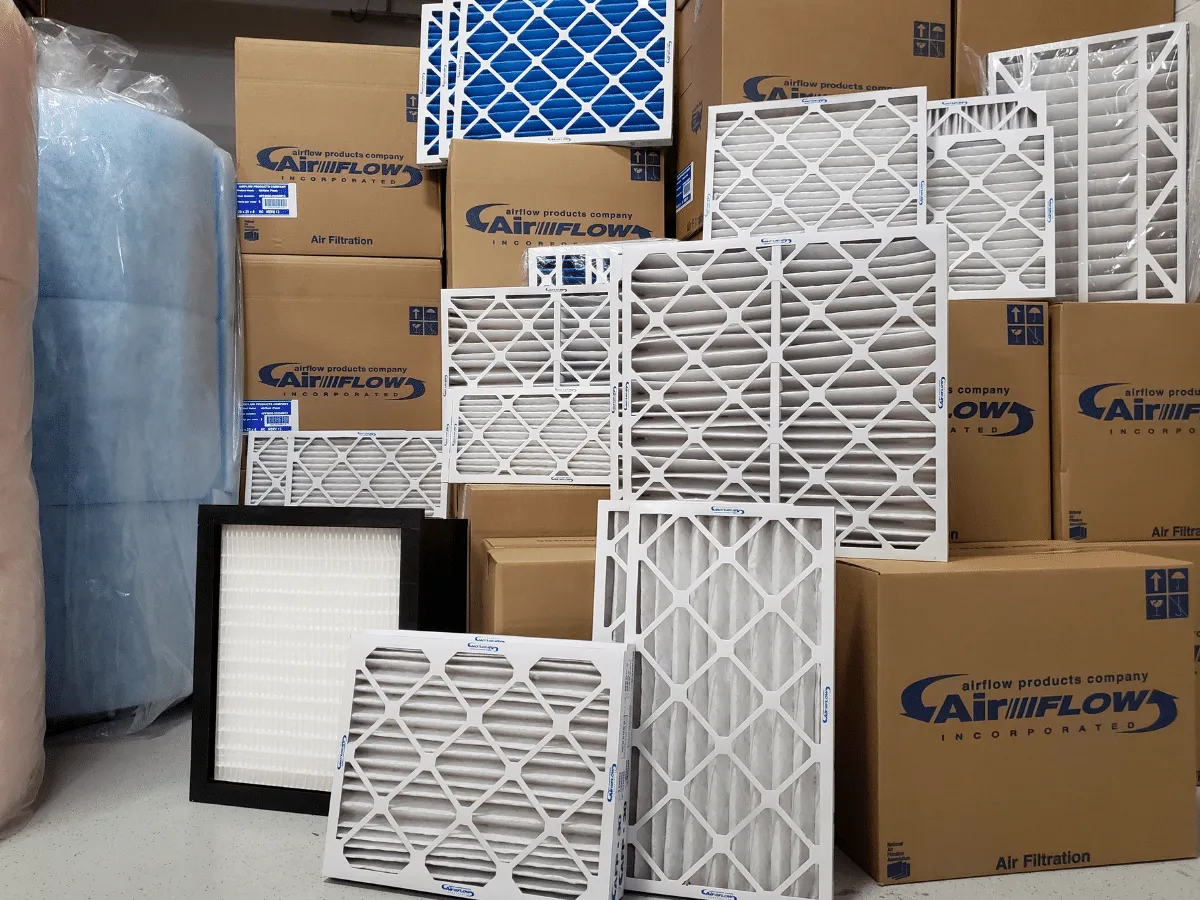 High-efficiency MERV 13 air filters installed in commercial HVAC system for pathogen capture and improved air quality