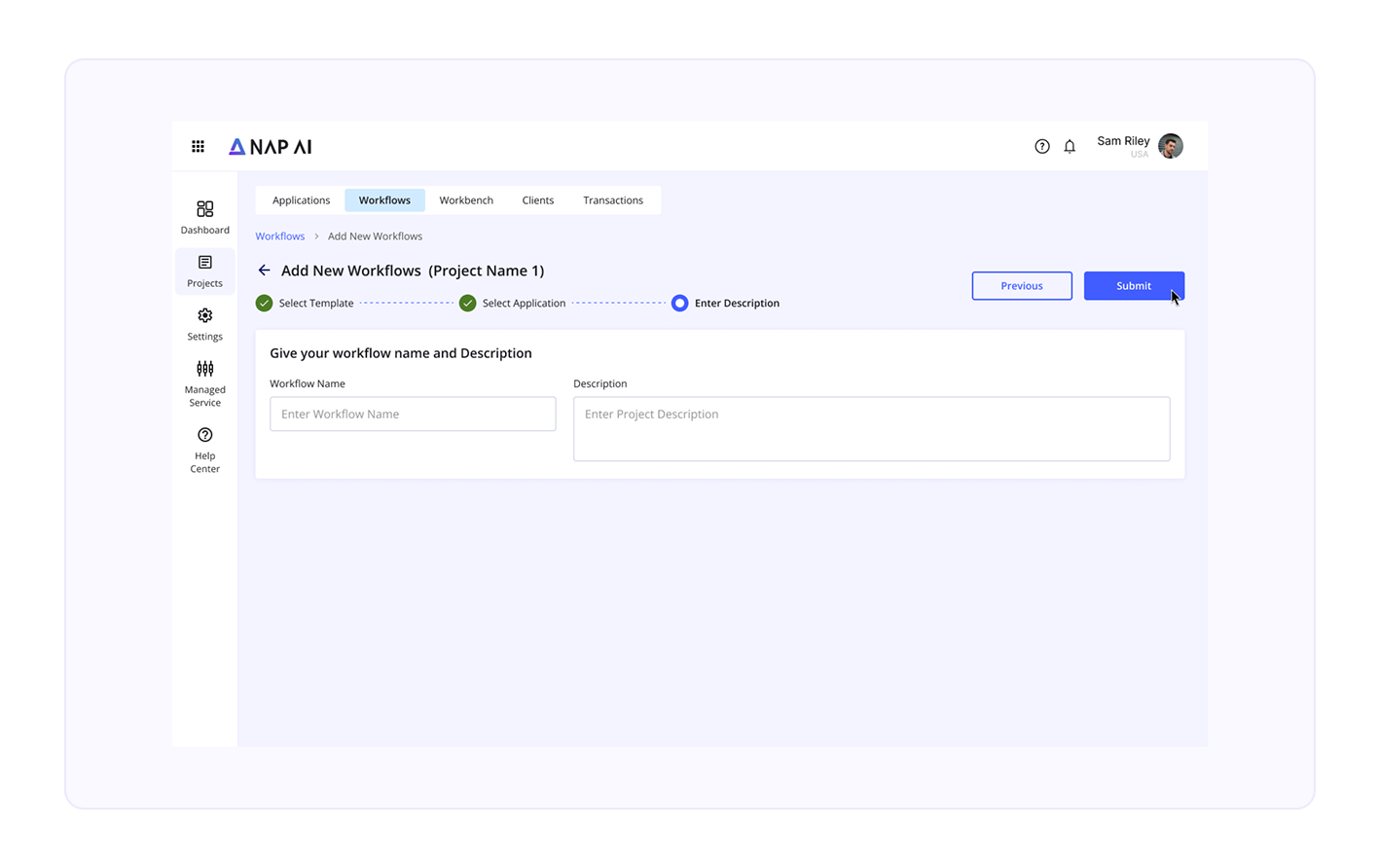 NAPSYS.AI workflow automation interface showing no-code project setup for AI-powered ERP and database integration