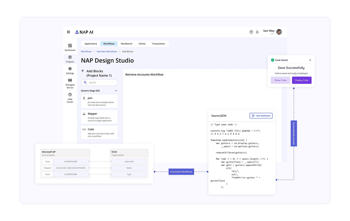 NAPSYS.AI automation interface showing intelligent workflow design with code blocks, JSON mapping, and real-time AI processing