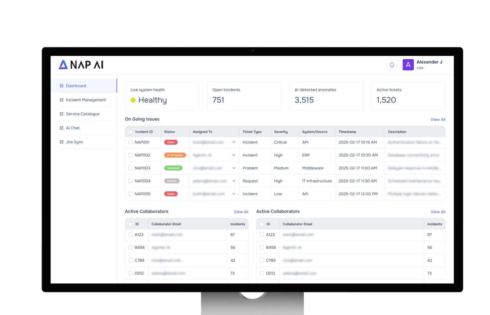 NAPSYS.AI enterprise dashboard showing real-time incident management, system health monitoring, and AI-detected anomalies