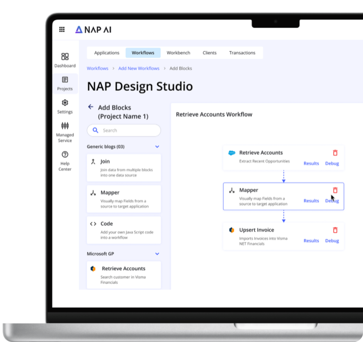 NAPSYS.AI platform showcasing financial and accounting workflow automation for API-driven operations including tax handling and invoice syncing