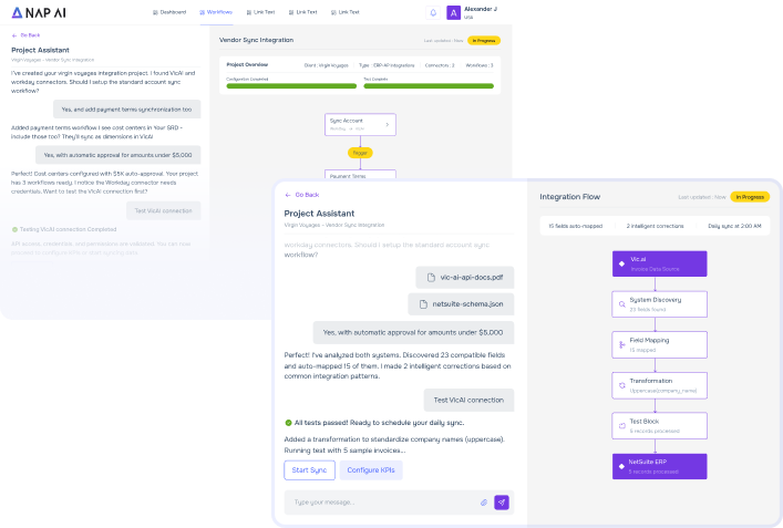 NAPSYS.AI interface showcasing custom workflow creation and connector building for document data processing and automation