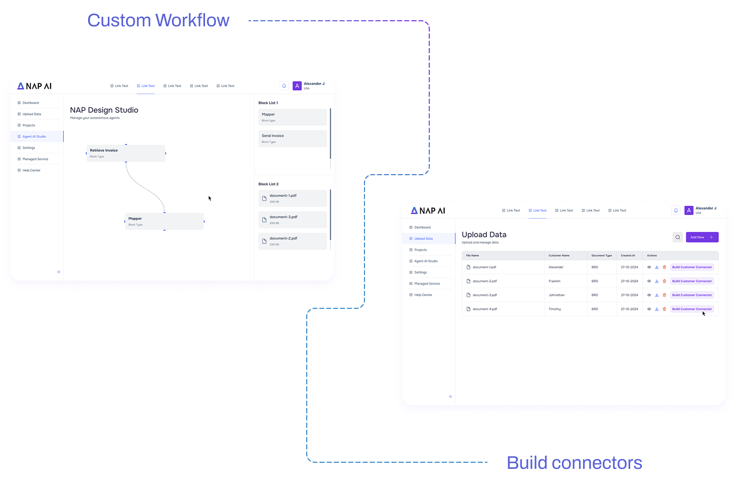 NAPSYS.AI interface showcasing custom workflow creation and connector building for document data processing and automation