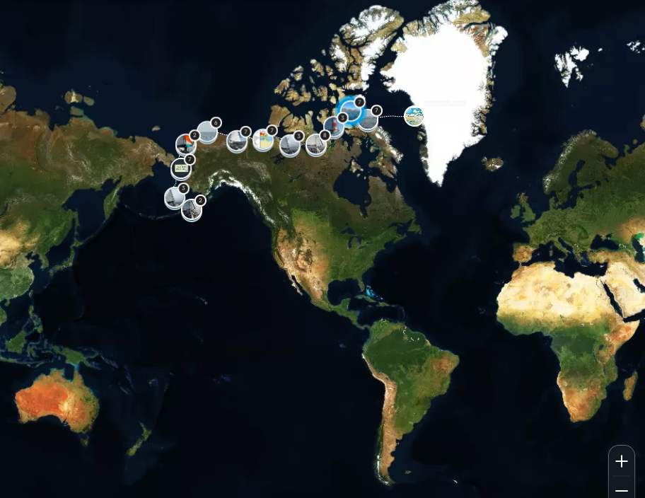 Map of Vanuily’s 2026 Northwest Passage route through the Canadian Arctic, from the Atlantic to the Pacific Ocean