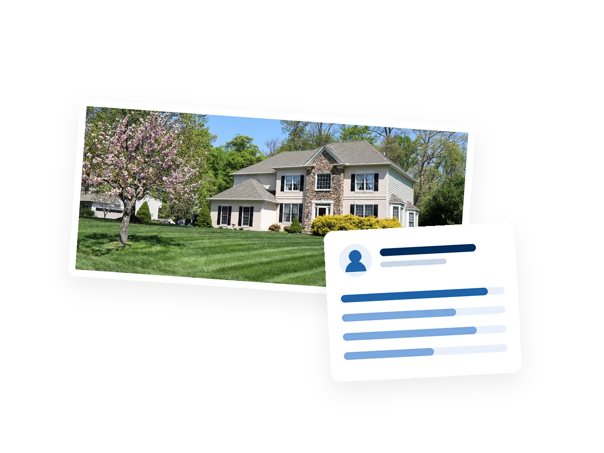 Suburban home with a striped lawn next to an ideal customer profile card