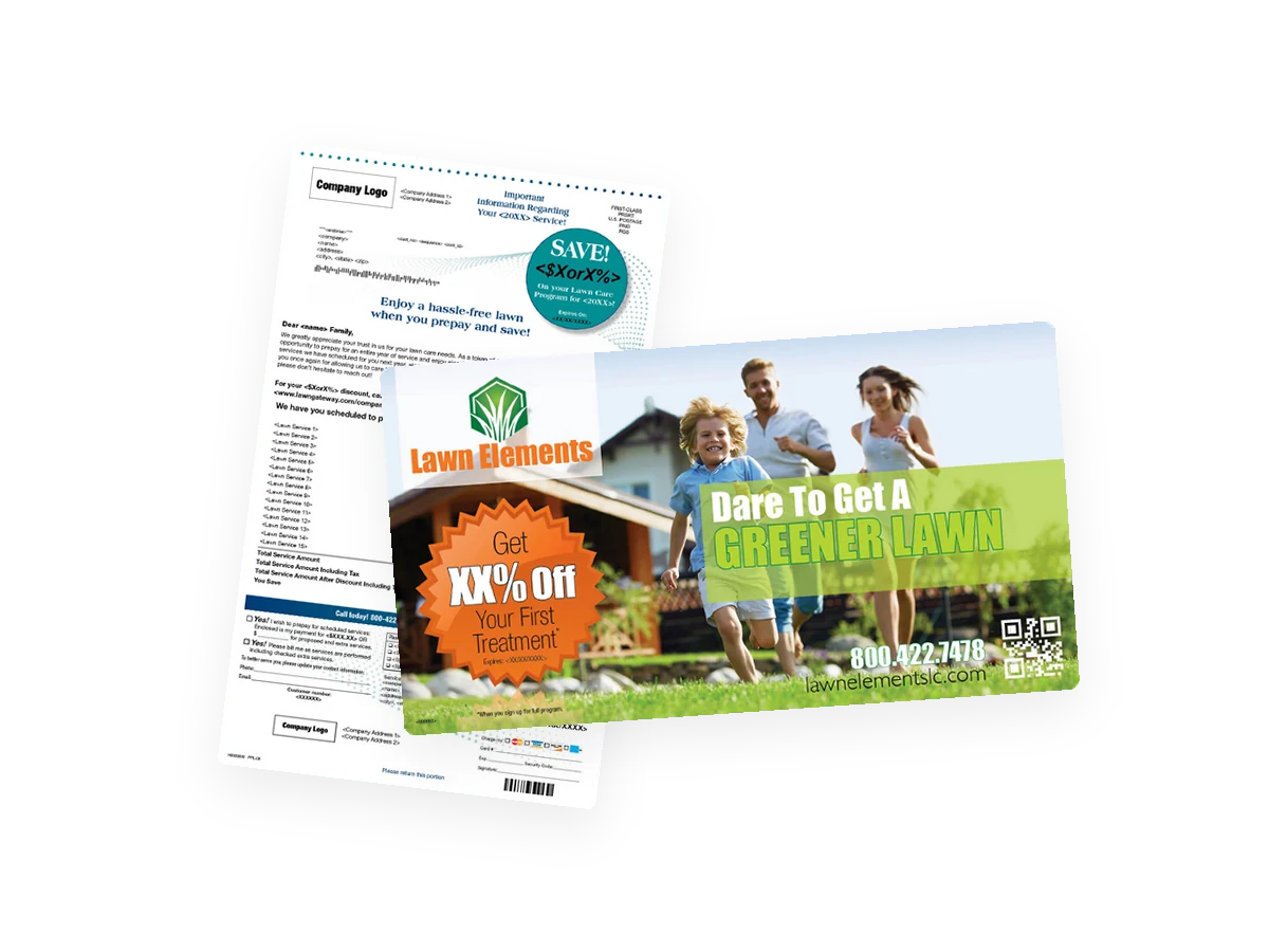 Sample lawn care direct mail letter and promotional postcard