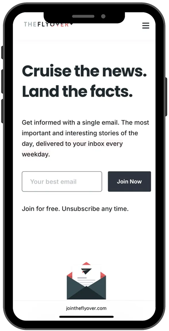 Mobile view of The Flyover newsletter signup screen with email input and call to action to subscribe.