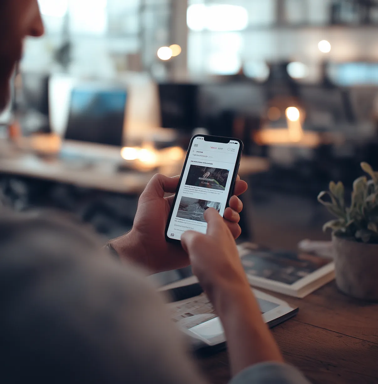 Person browsing a newsletter on their phone in a warm, modern office environment.