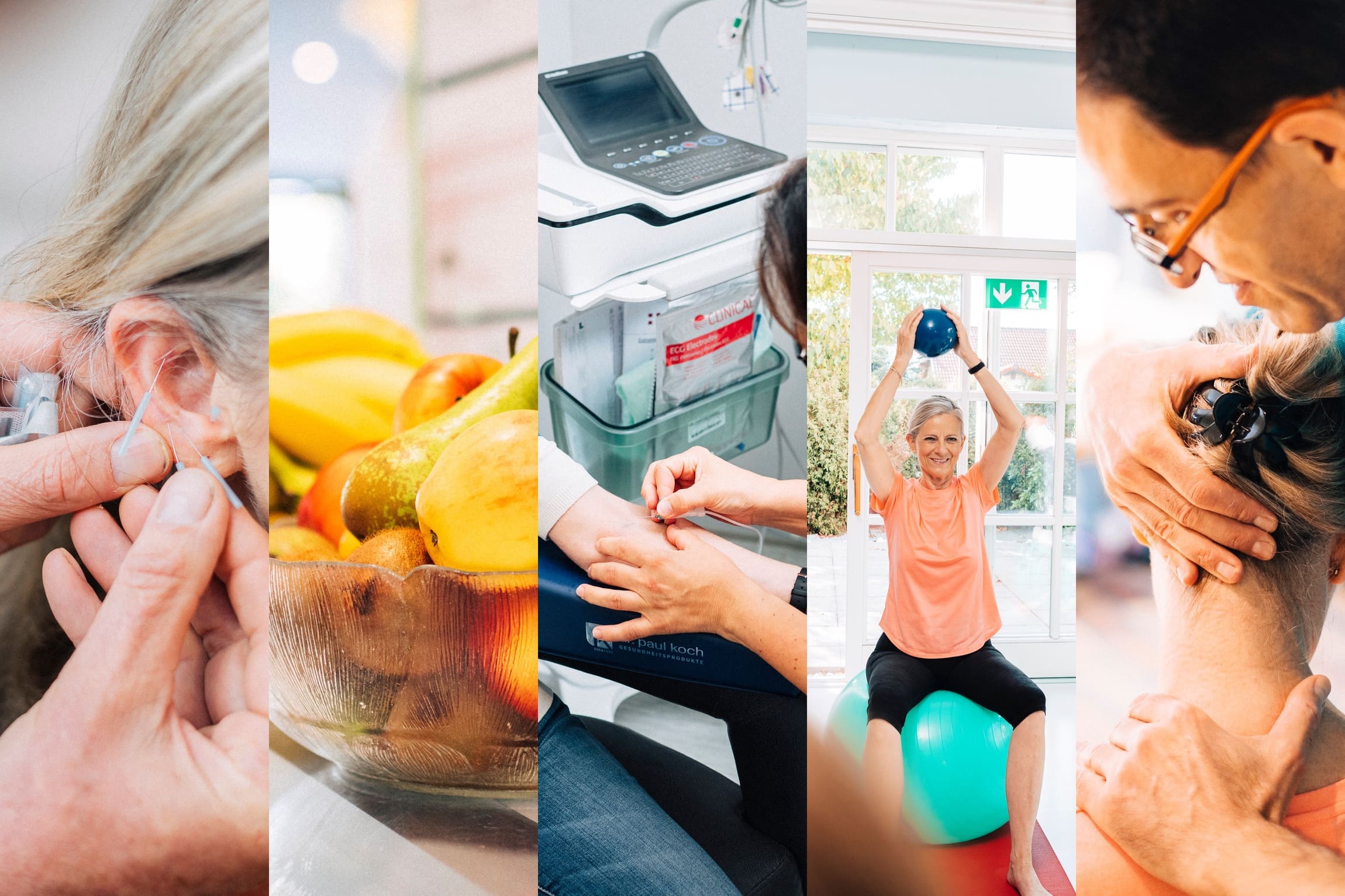 Eine Fotokollage verschiedener Therapieansätze die in der multimodalen Schmerztherapie enthalten sind