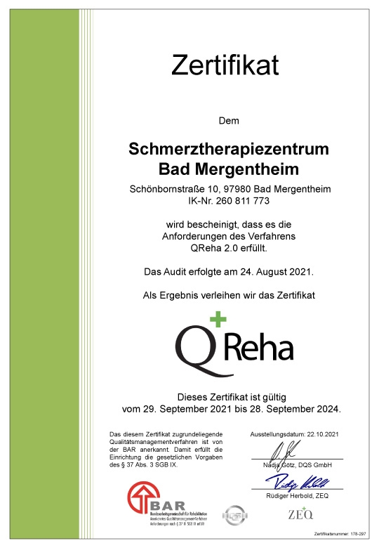 Zertifikat Q+Reha für die Qualitätssicherung im Schmerztherapiezentrum Bad Mergentheim