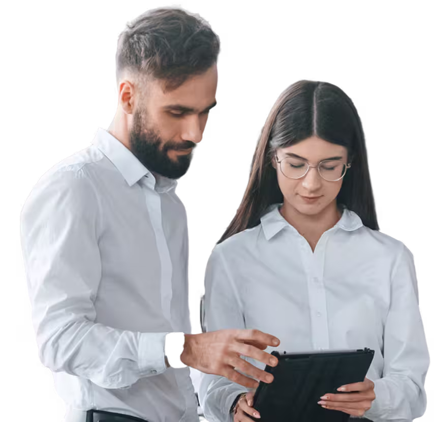 Two employee reviewing micom's analytics