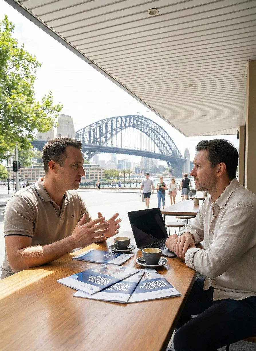 Two men having a discussion over coffee and business insurance brochures at a table with a laptop, with Sydney Harbour Bridge in the background.