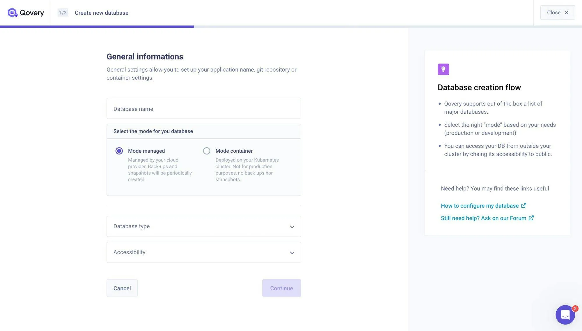 Database Creation Panel on the V3