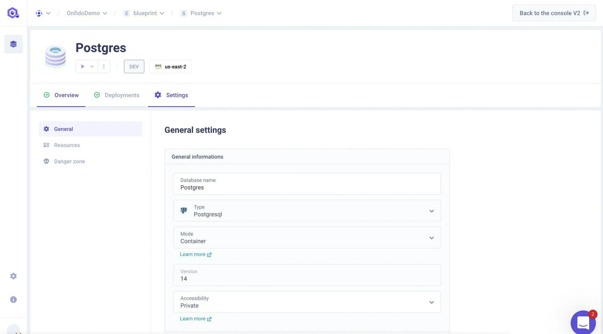 Database Settings Panel on the V3