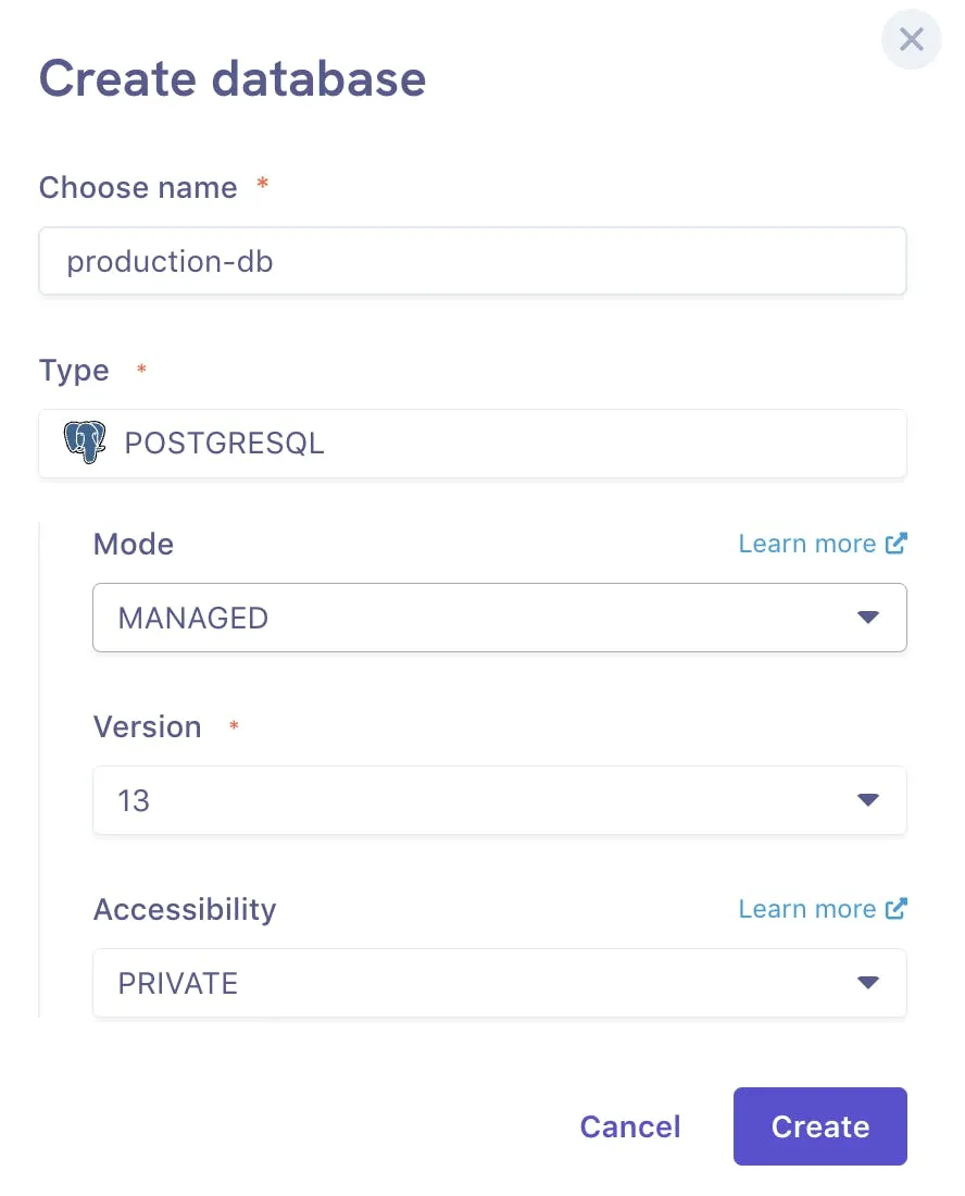 Database Creation Popup in the V2 Console