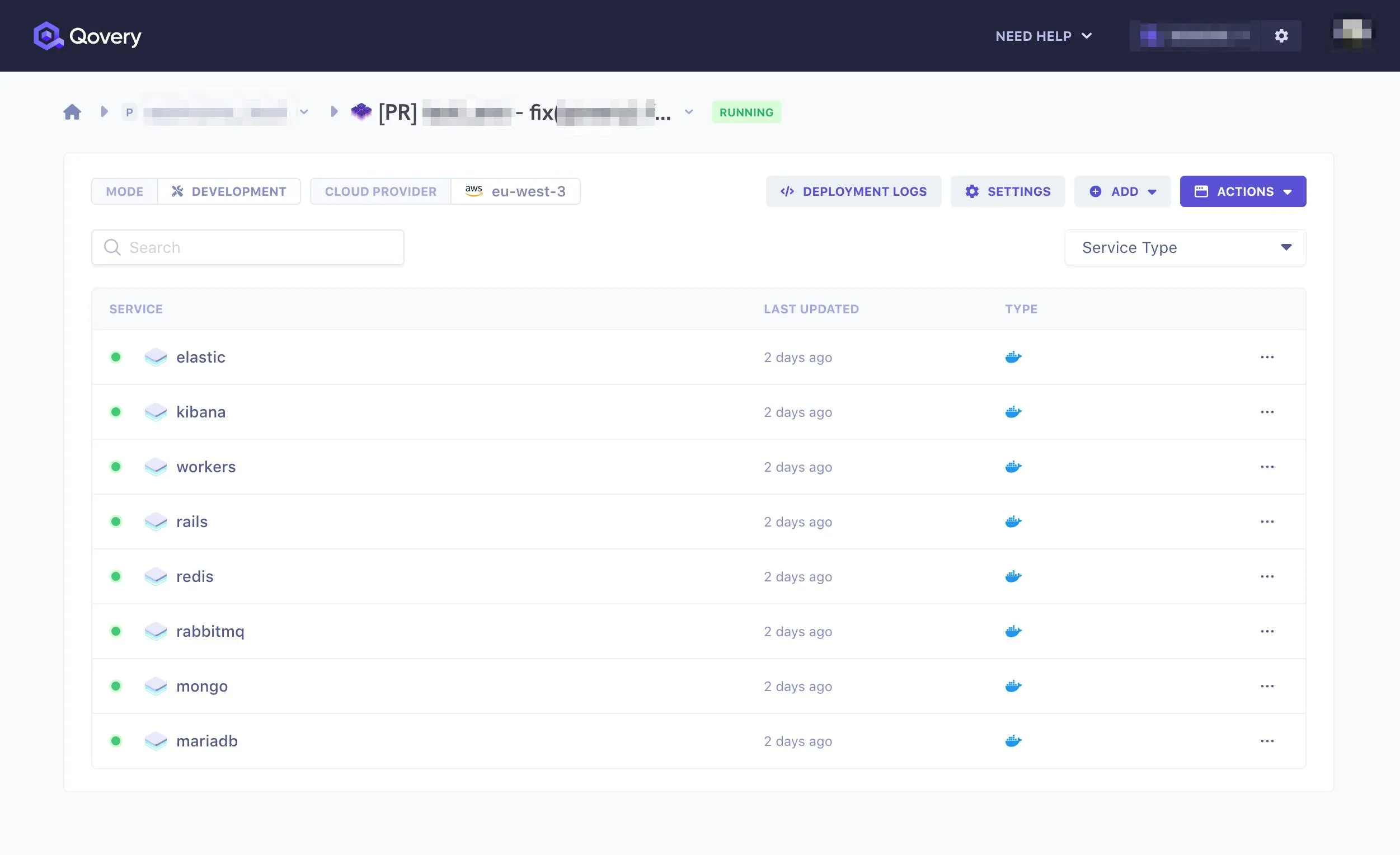 One preview environment with all the services running - Qovery web interface
