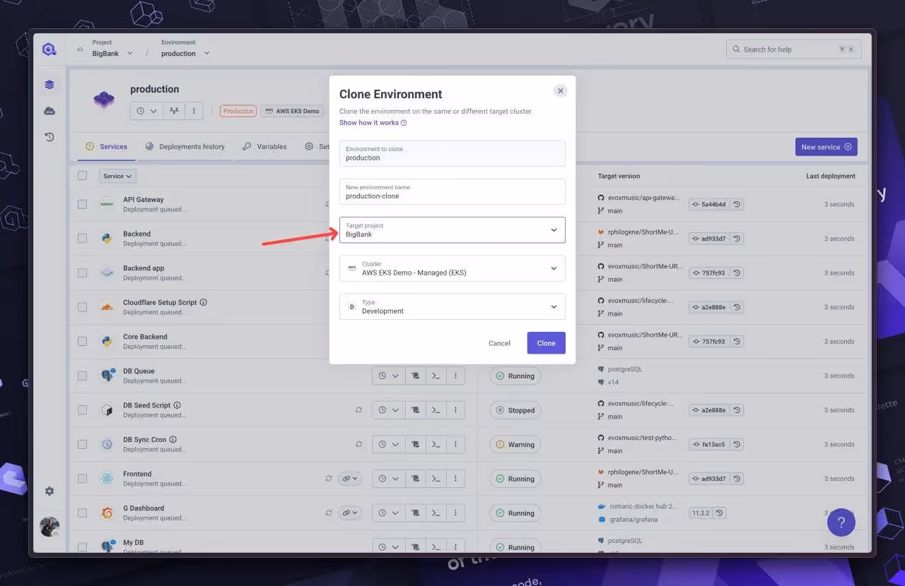 Clone environment to a different project