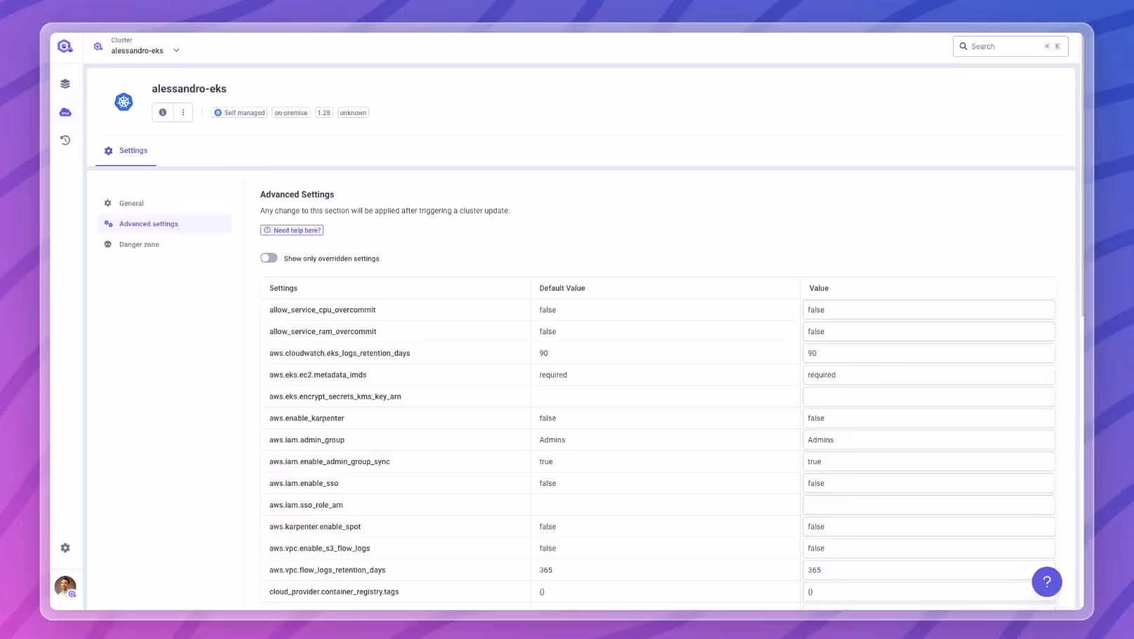 Cluster advanced settings on Self-managed clusters
