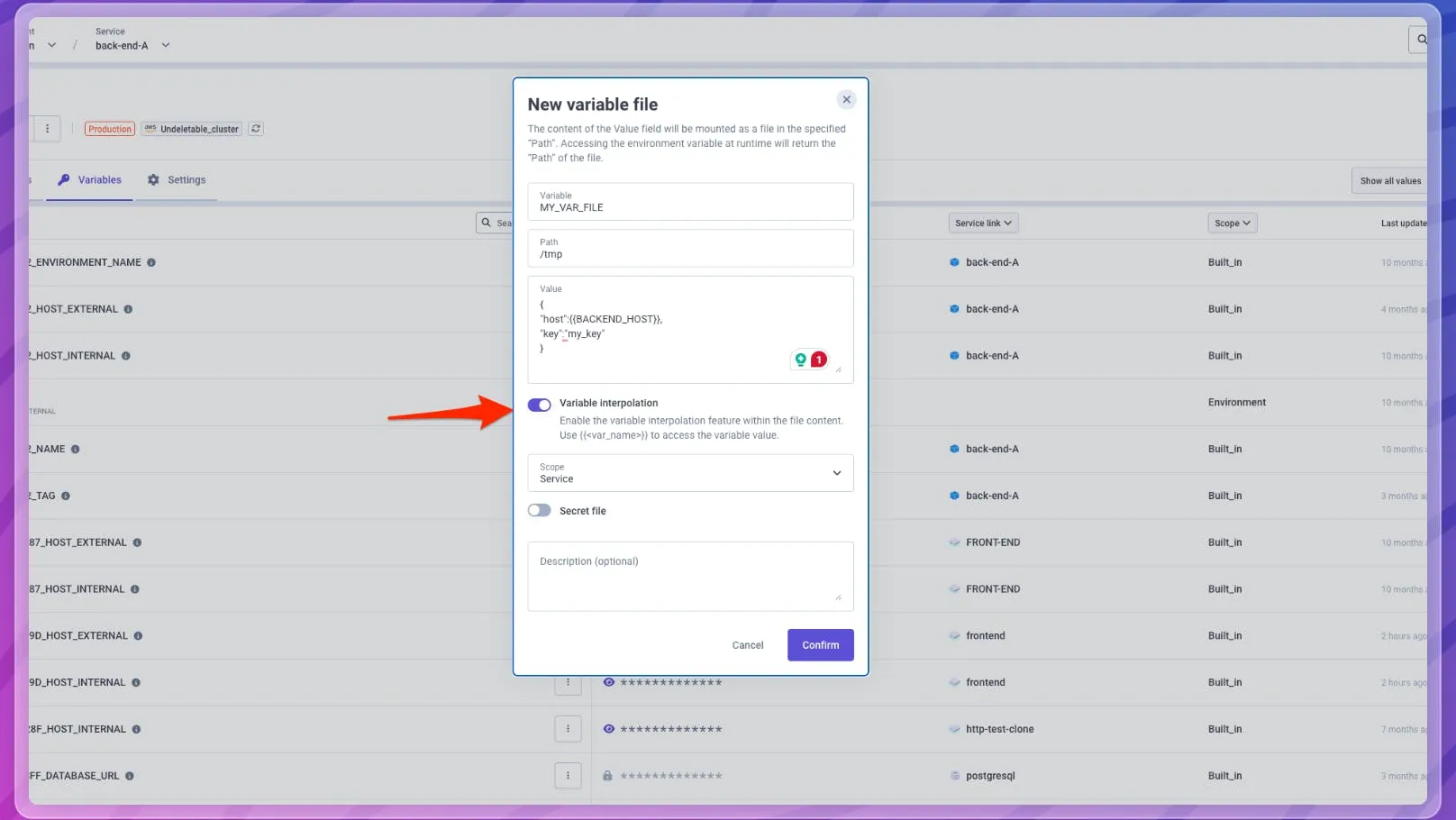 Allow interpolation on environment variable as file