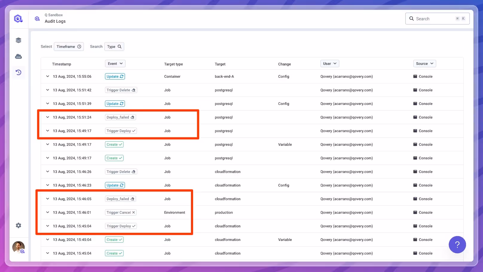 Deployment events in audit logs