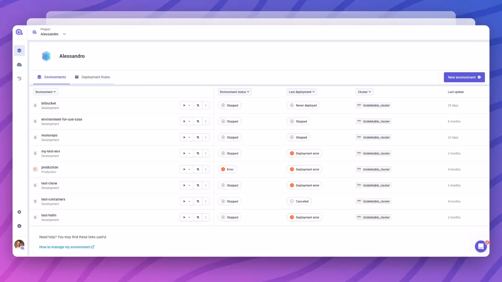 New environment list