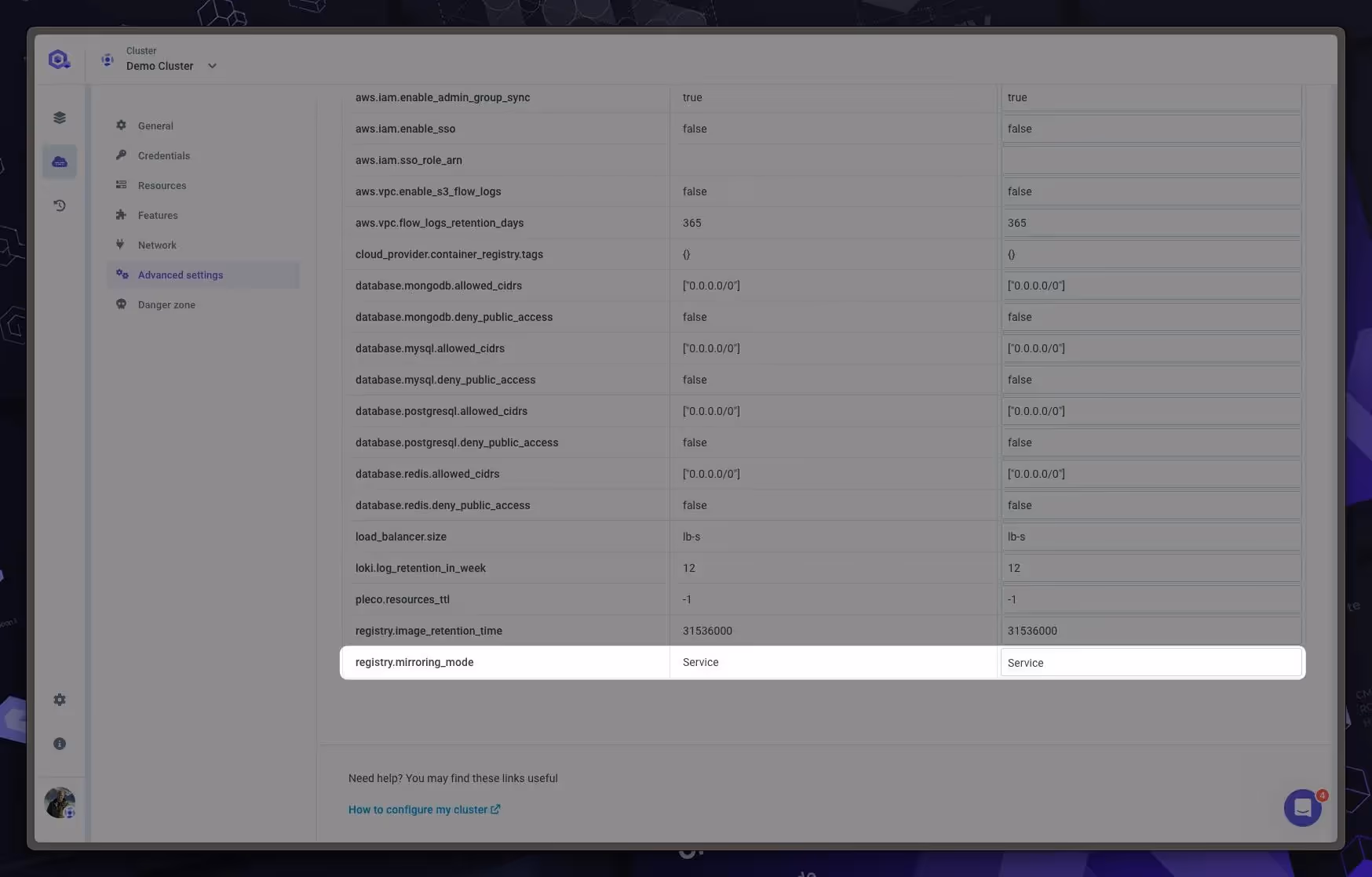 Change mirroring mode from Cluster Advanced Settings