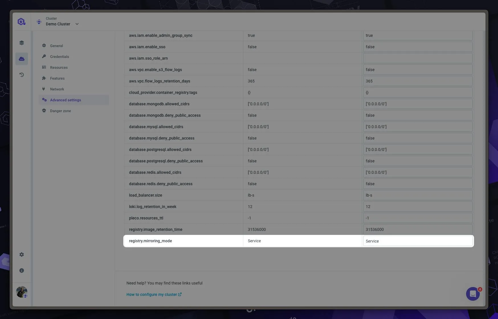 Change mirroring mode from Cluster Advanced Settings
