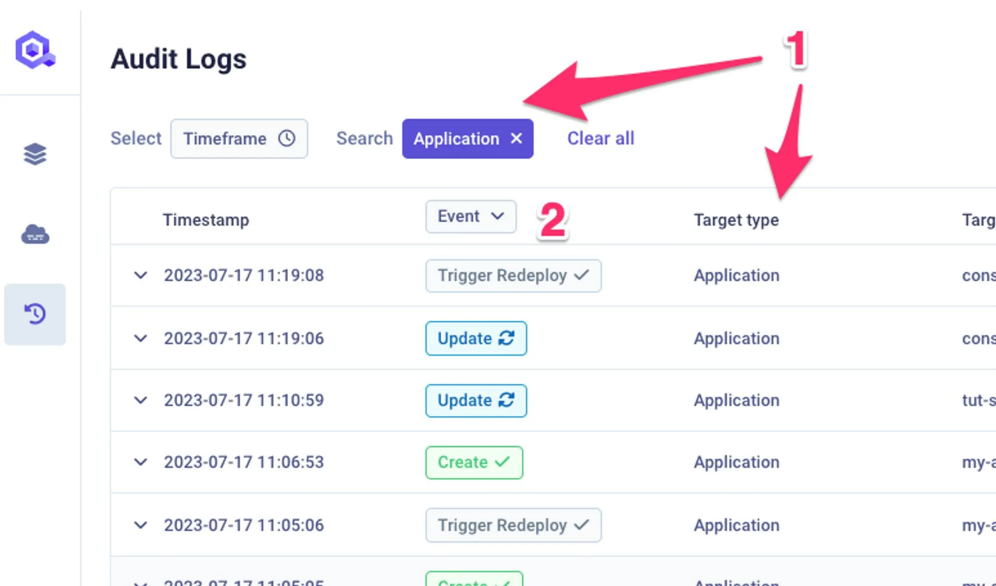 Audit Logs Filters in the Qovery Console
