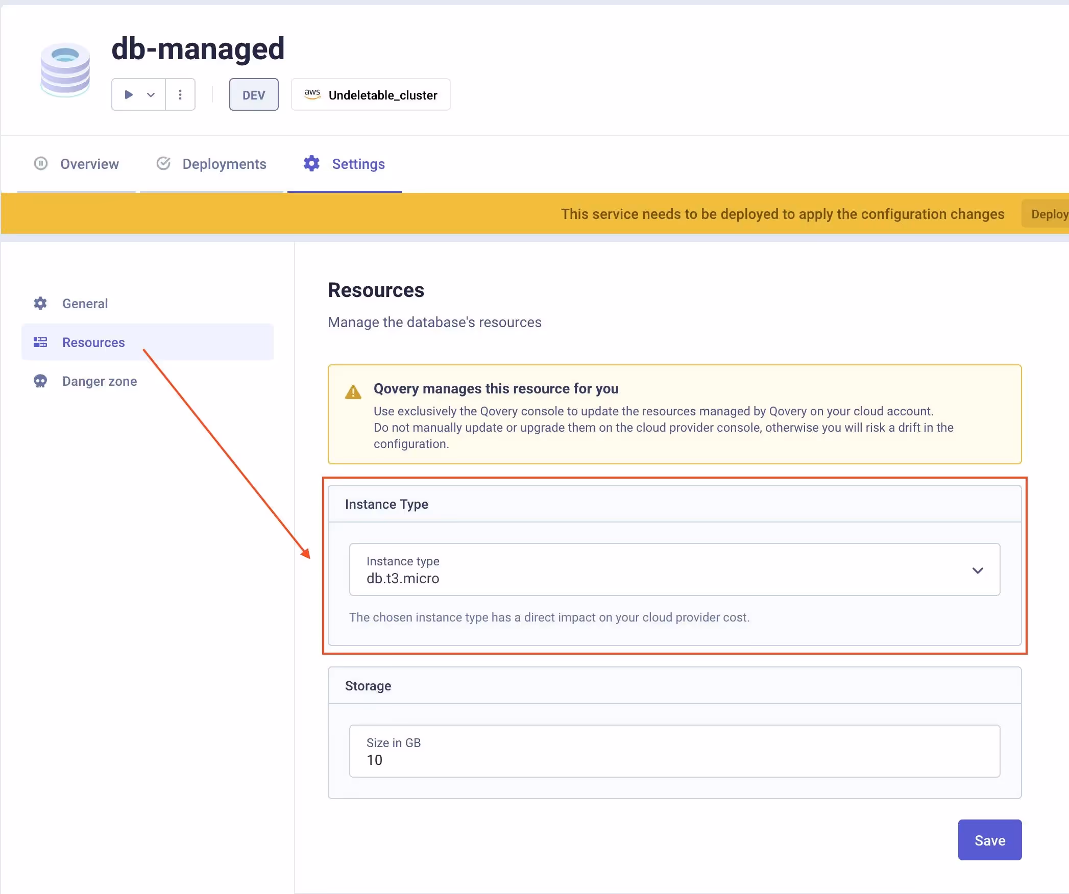 Resources Tab on the Qovery Comsole