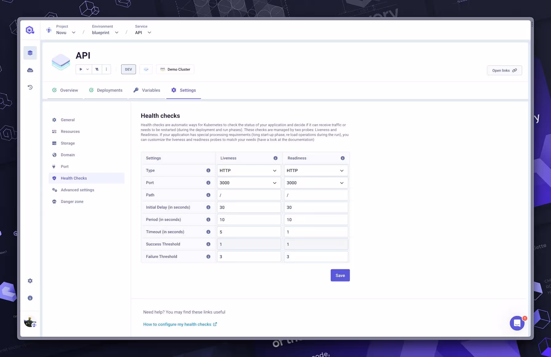 Service Health Check configuration