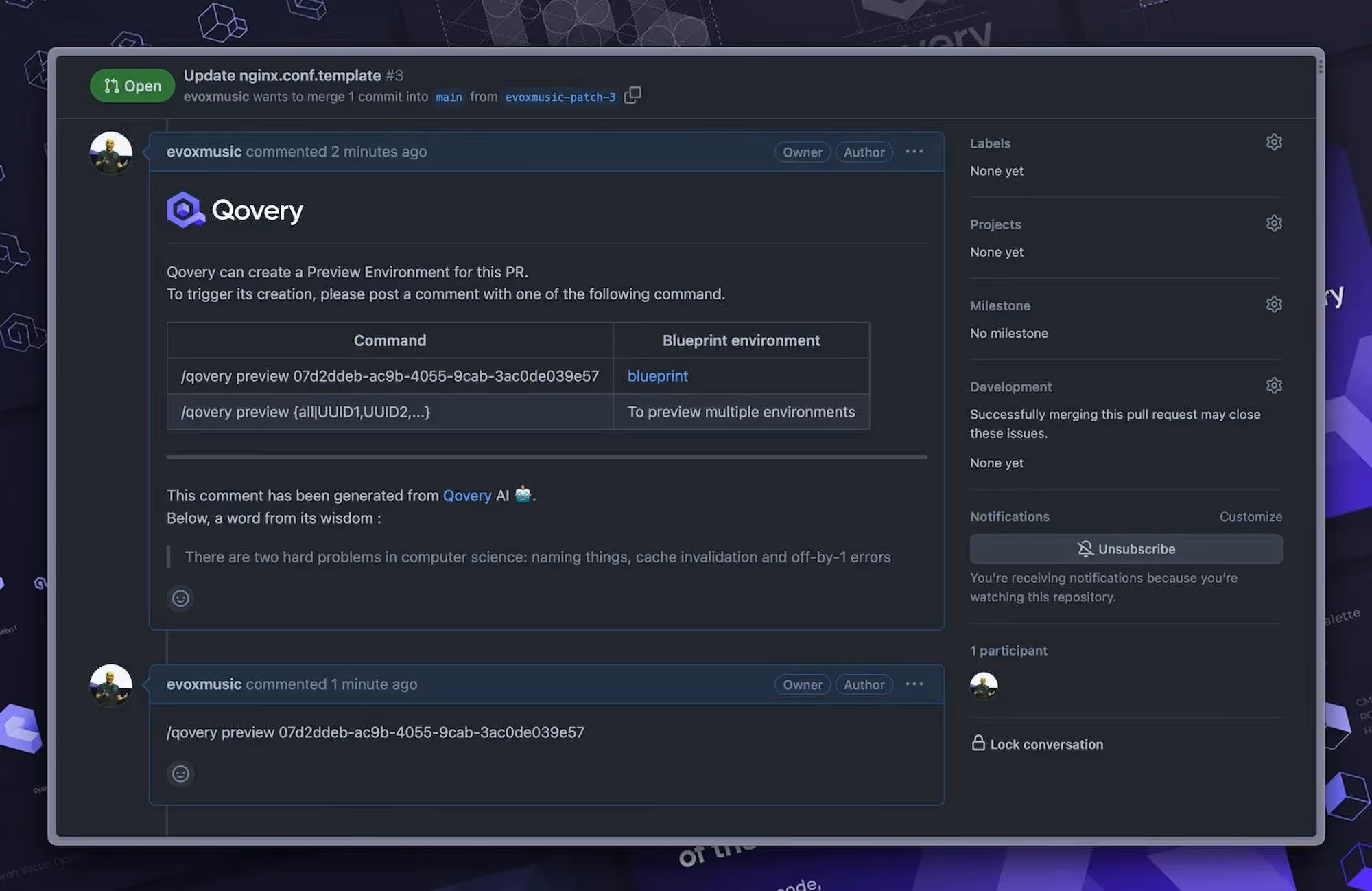 "Create On Demand" right from GitHub Pull Request - We can manually trigger the deployment with /qovery command