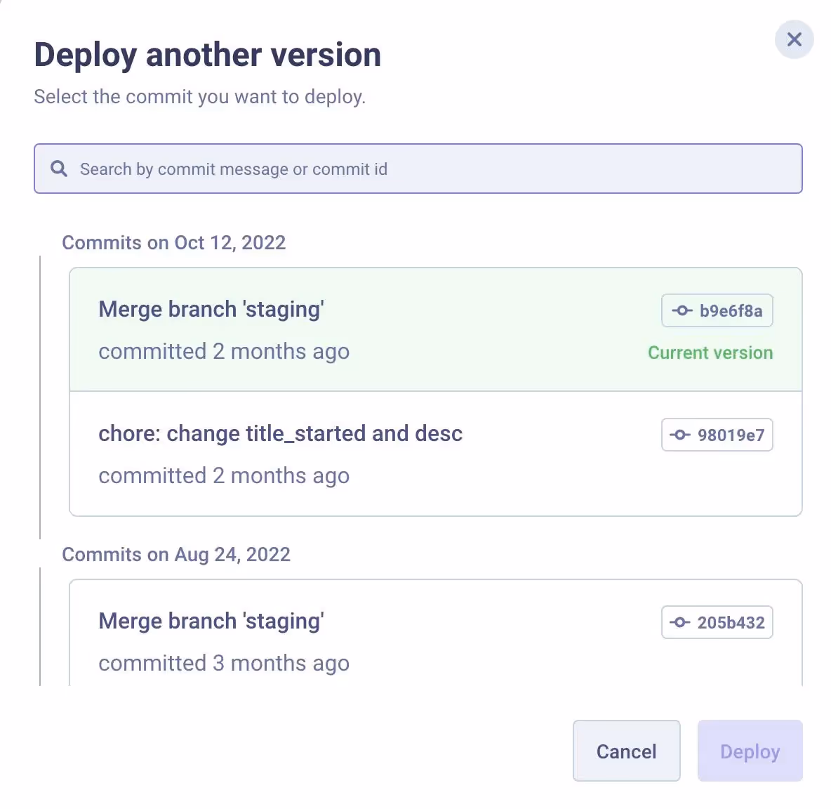 Deploy Other Version Panel