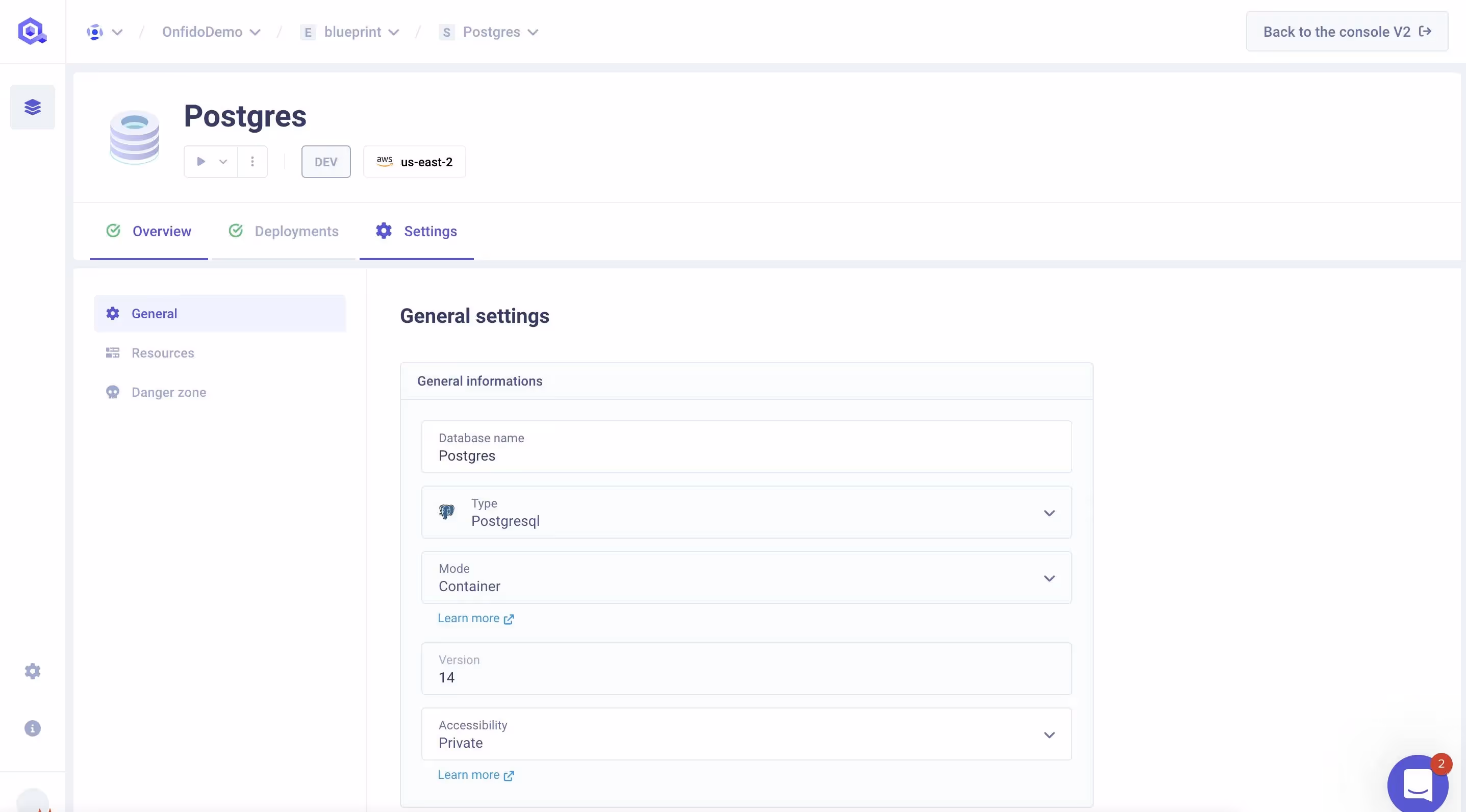 Database Settings Panel in the V3