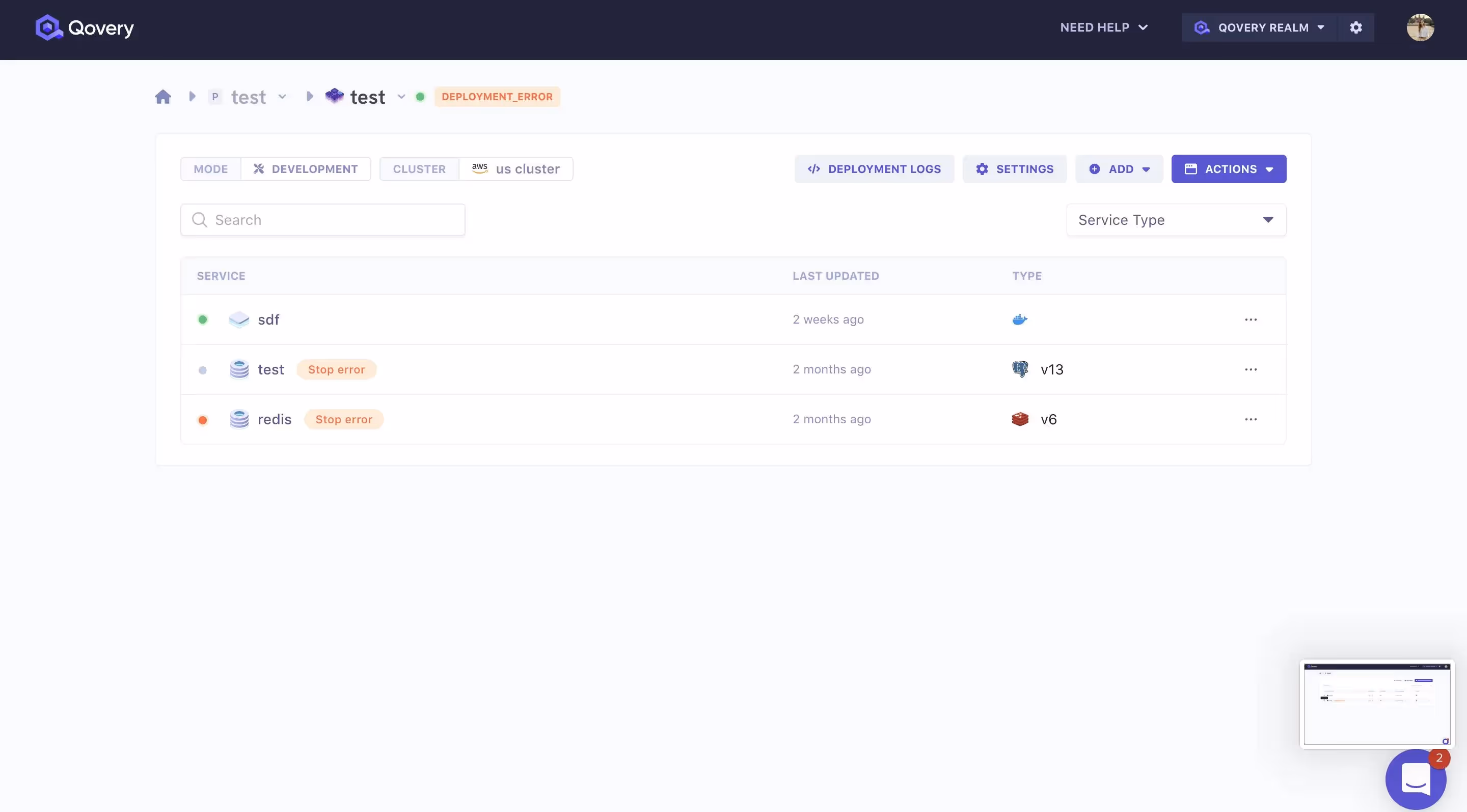 Service status in the console