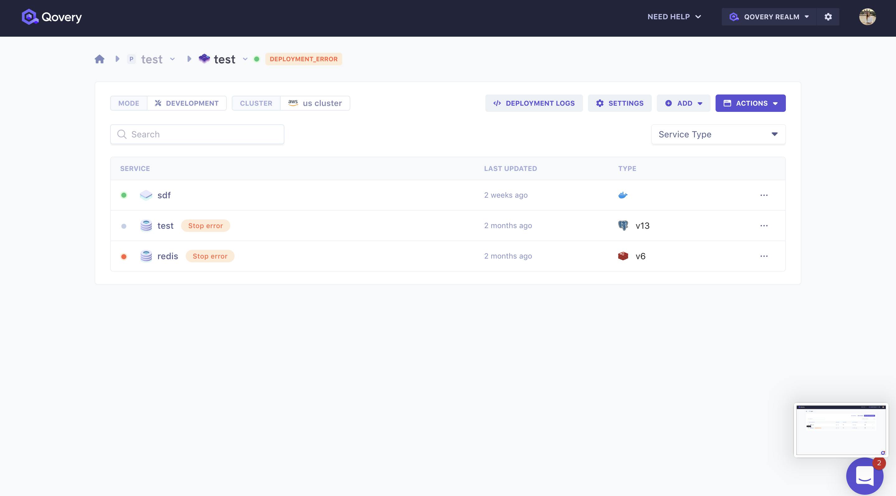 Service status in the console