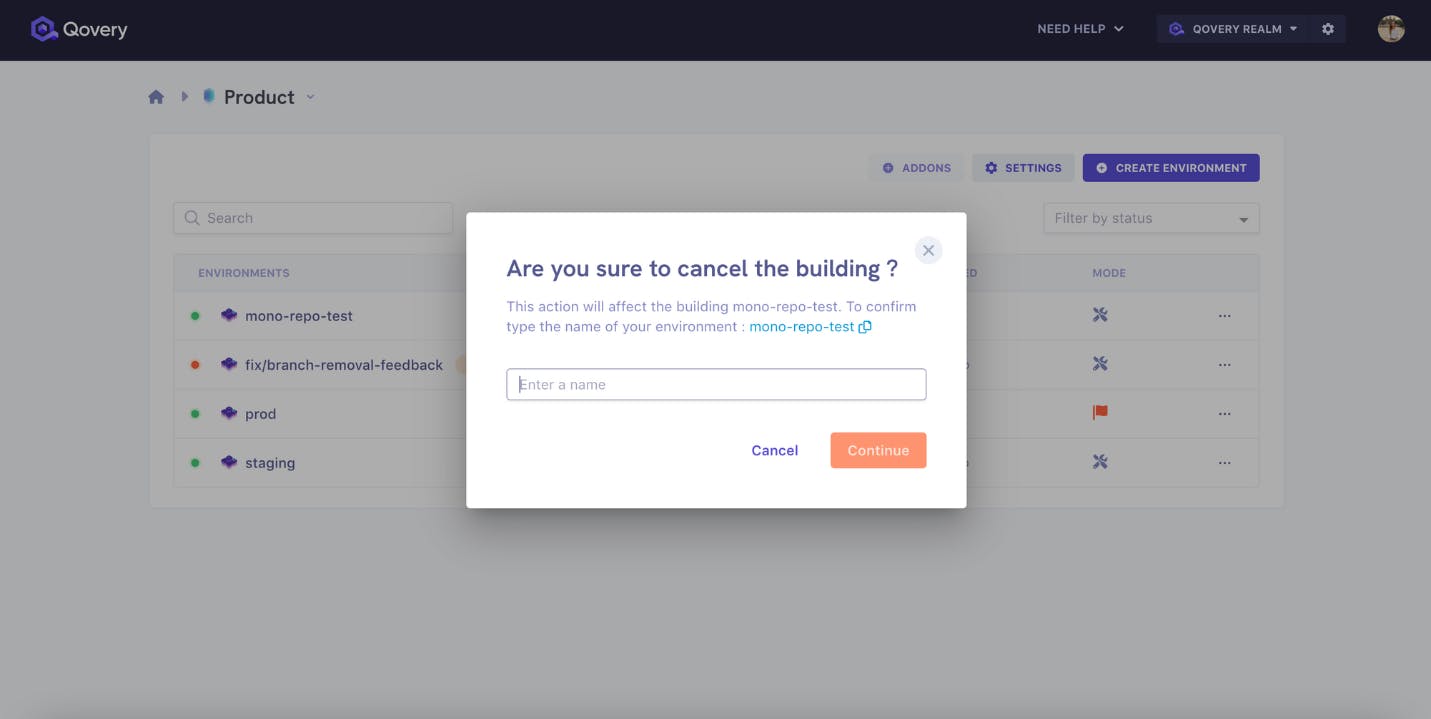 Cancel an environment building panel